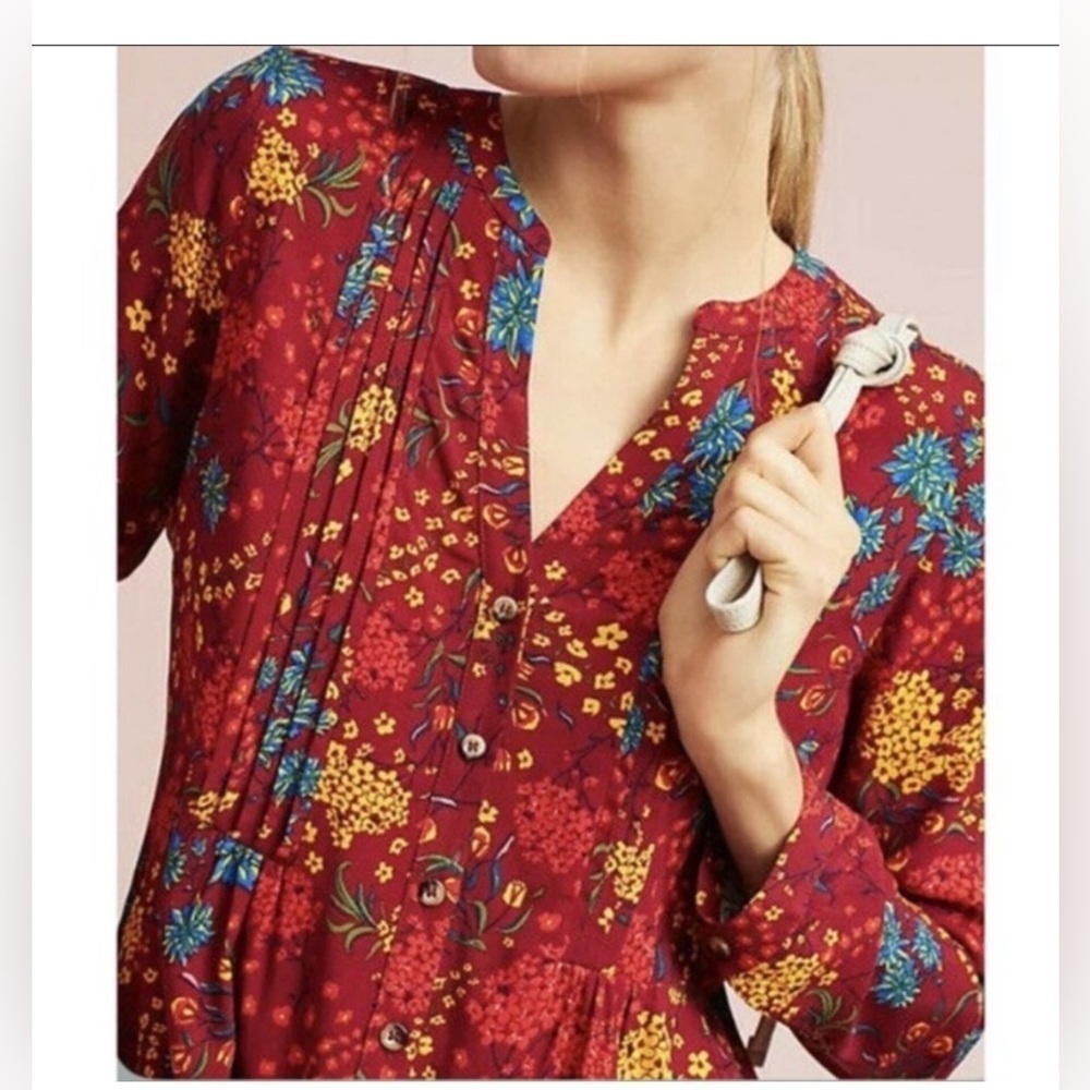 ANTHROPOLOGIE MAEVE Red Floral Long Sleeve Pintuck Blouse Size Small